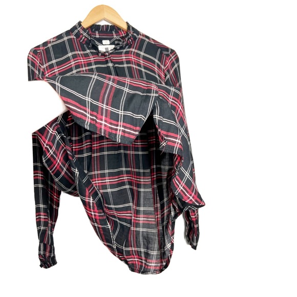 Loft Women's Black Red Plaid Ruffle Neck Long Sleeve Button Up Shirt Top - Picture 7 of 16